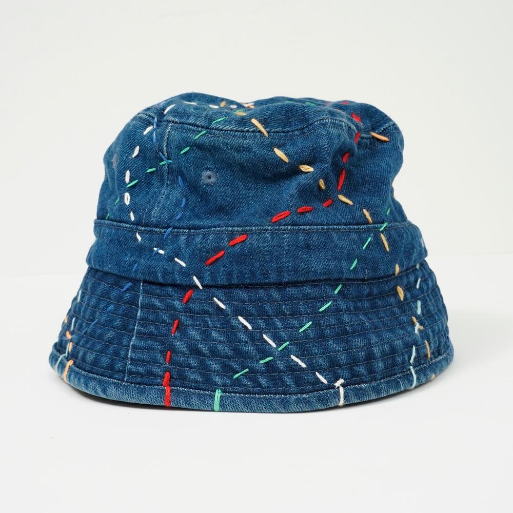 Hand-Stitched Sashiko Colorful Denim Bucket Hat Size S – Unique Artisan Hat - Picture 3 of 7